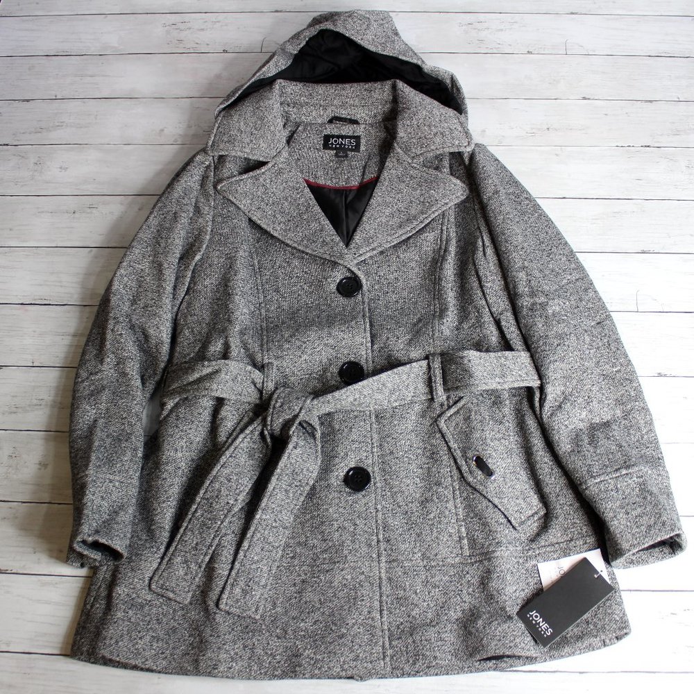Jones New York Women's Gray Black Belted Winter Coat Jacket Size L